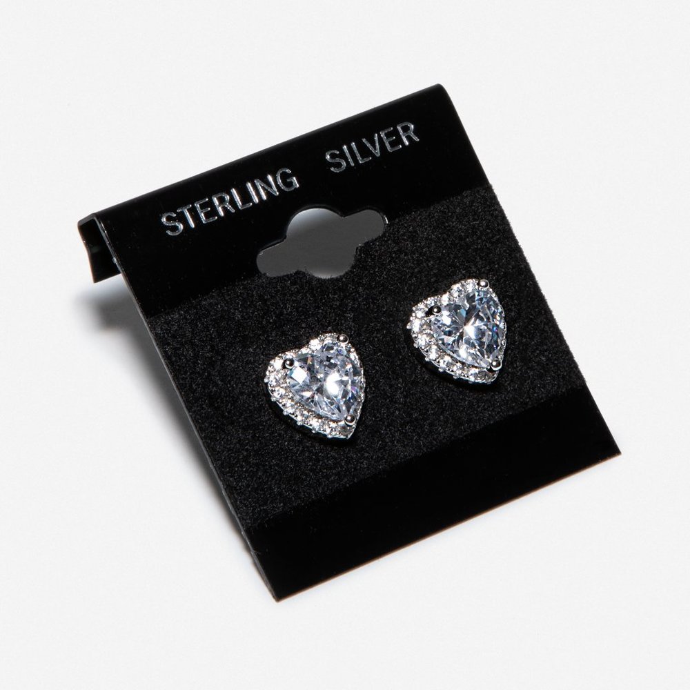 Heart Stud Earrings S925 Sterling Silver CZ - Picture 2 of 7